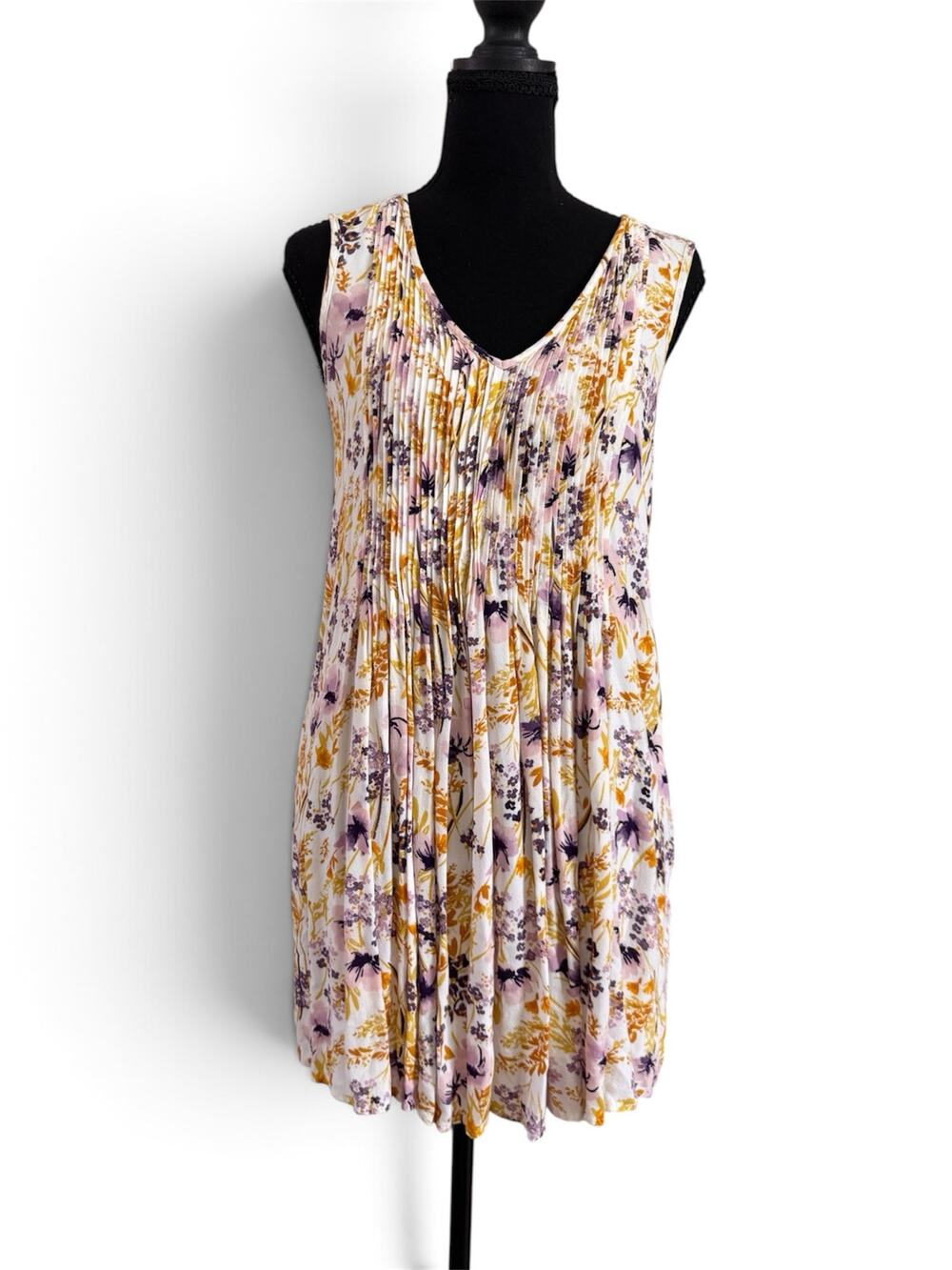 Old Navy Floral Pintuck Mini Dress XS Purple Mustard Yellow Babydoll Sleeveless